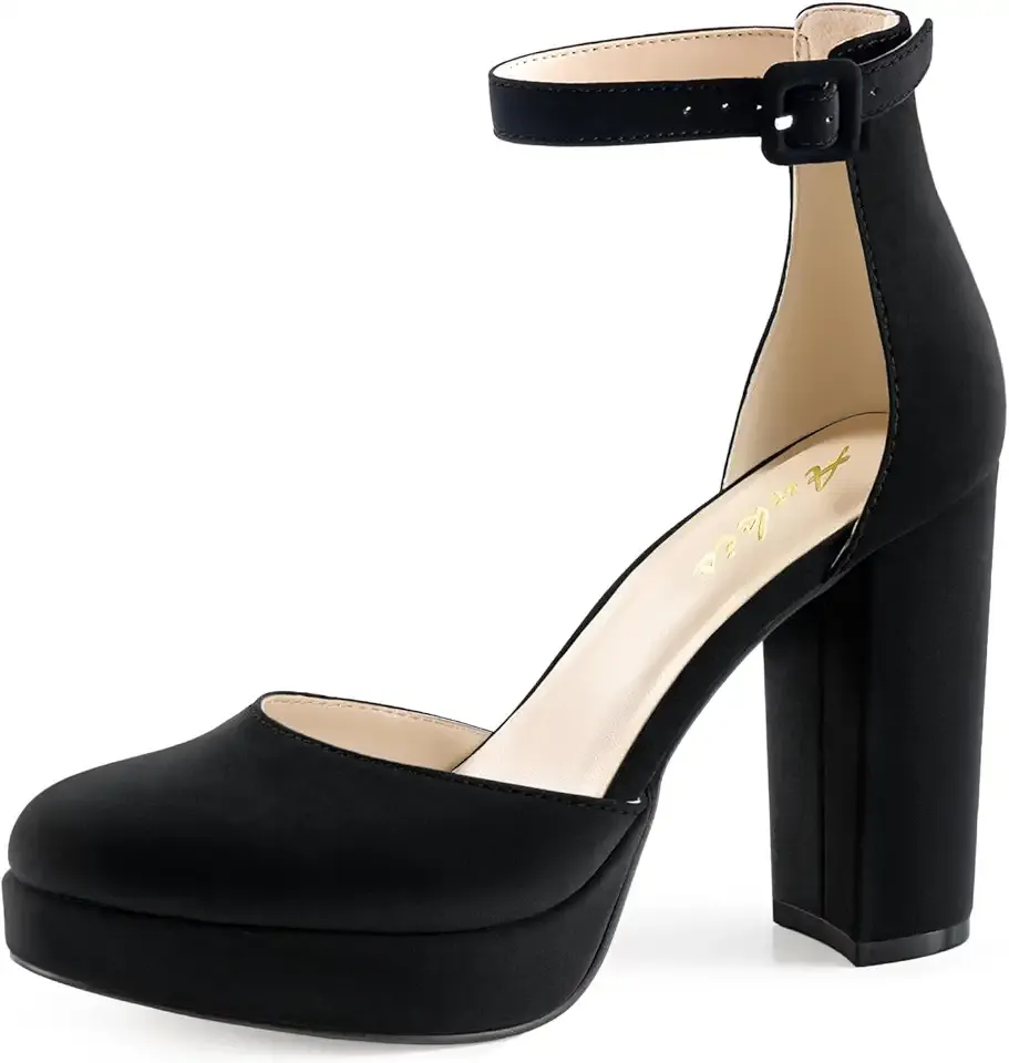 Black Platform Closed Toe Heels for Women, Womens Heels Closed Round Toe Chunky Block Pumps Shoes, 4 Inch