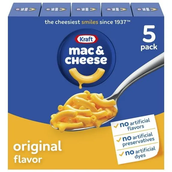 Kraft Mac and Cheese, 5 Boxes, for Easy Dinner or Dinner Sides, Original Flavor, No Artificial Flavors, Preservatives or Dyes, 7.25 oz