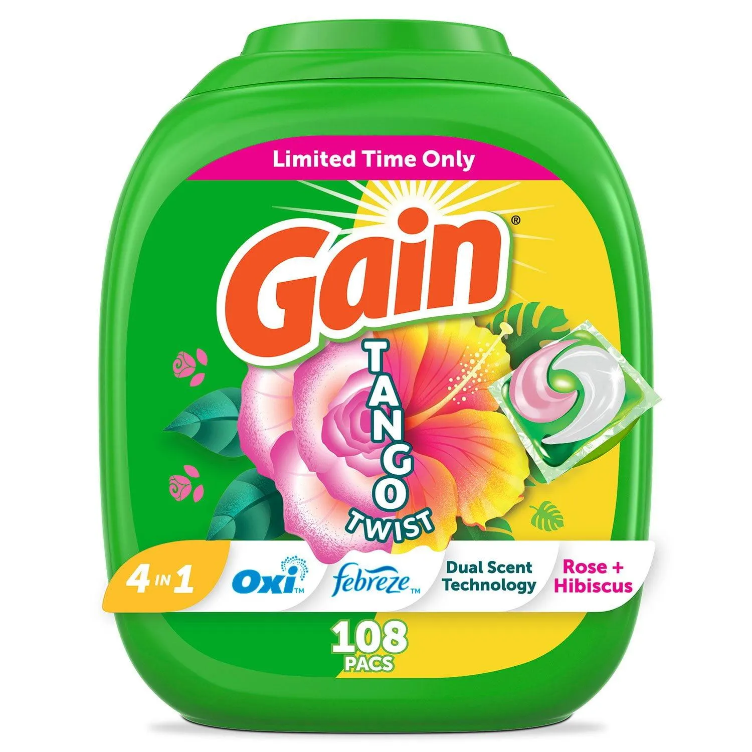 Gain Flings Tango Twist Laundry Detergent Pacs, Rose + Hibiscus Scent, 108 ct.