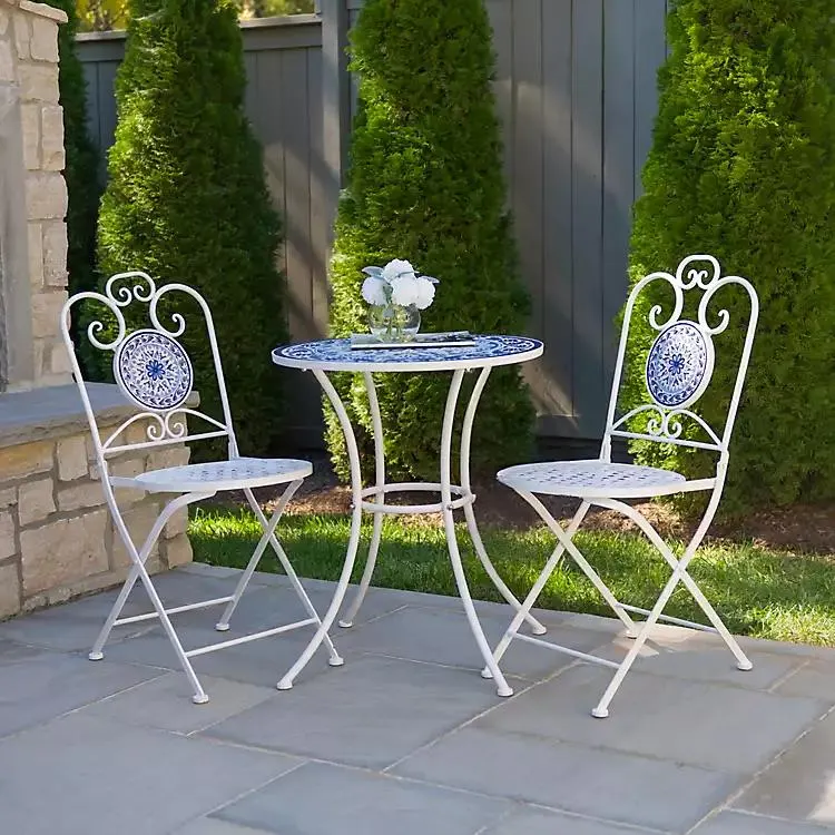 White and Blue Mosaic 3-pc. Outdoor Bistro Set