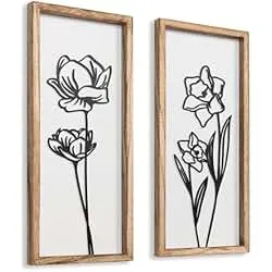 3D Black and White Wall Art (Set of 2) Lightweight, Wooden Ready-to-Hang Framed Floral Wall Art for Bathroom, Bedroom, Living Room or Office – Boho Botanical Farmhouse Decor – Gift-Boxed