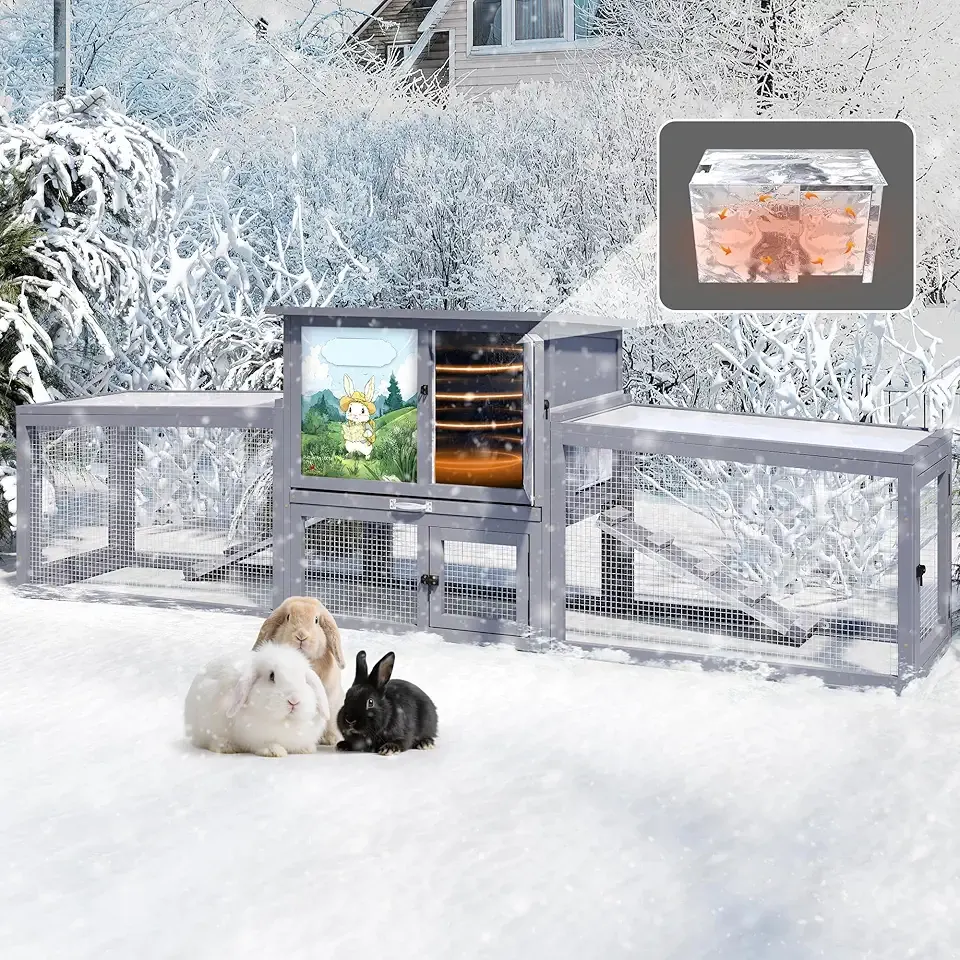 COZIWOW Large Wooden Rabbit Hutch Outdoor Indoor Bunny Cage, 2-Level Small Animal House Enclosure with All-Covered Sloped Roof (Grey)