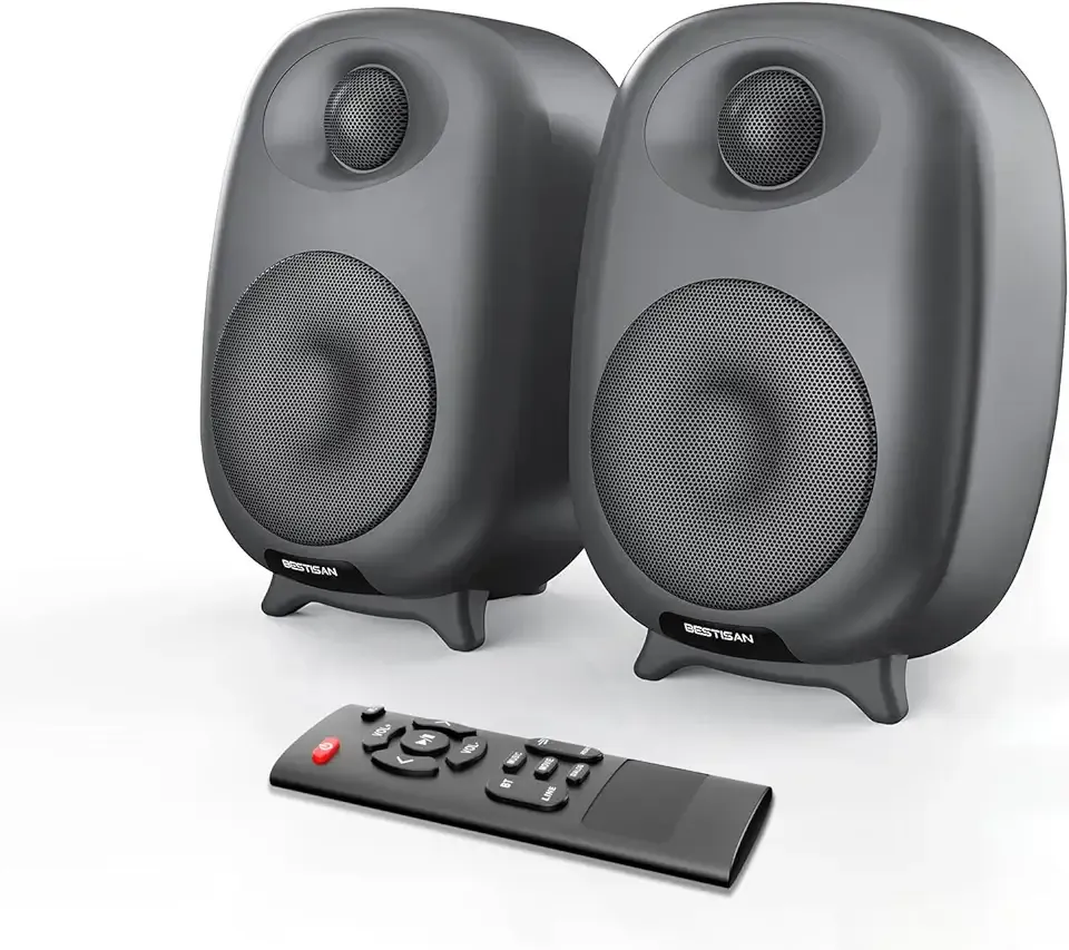 BESTISAN Bookshelf Speakers, 60 Watt Powered Studio Monitor Speaker with Bluetooth 5.0 and Wired Optical Line in Input Port, Deep Bass, 3 Audio Mode Design (Gray)