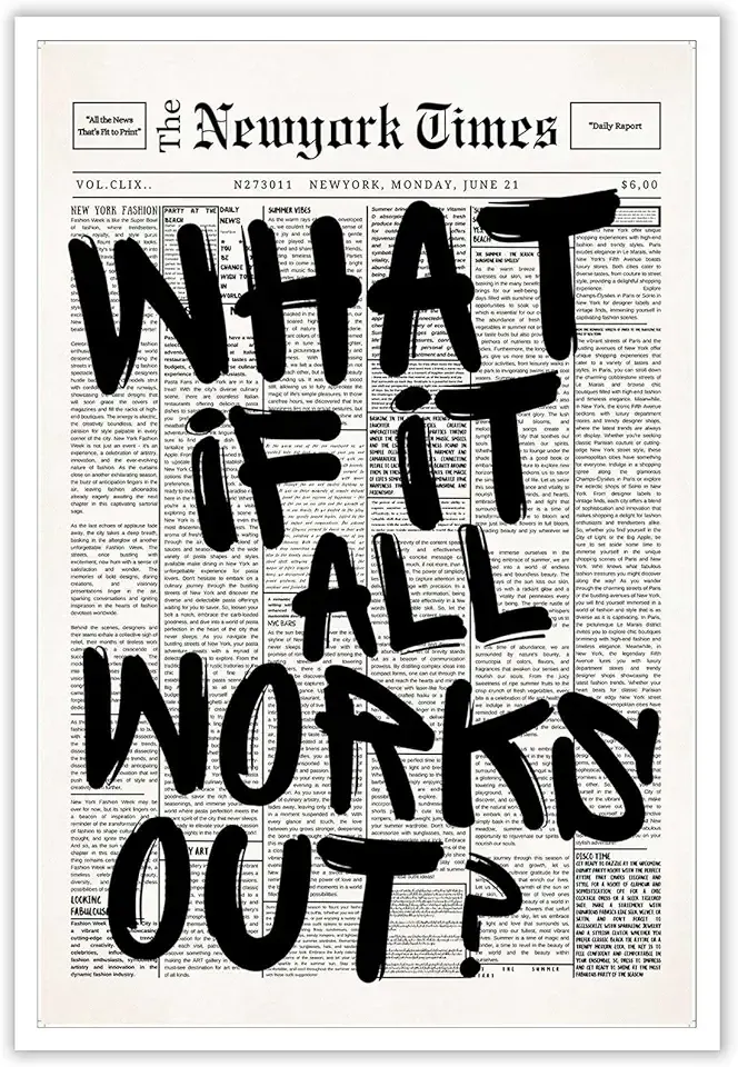 Retro Black And White Newspaper Poster What If It All Works Out Canvas Wall Art Positive Affirming Quote Minimalist Prints Painting For Home Bedroom Dorm Wall Decor 12x16in Unframed