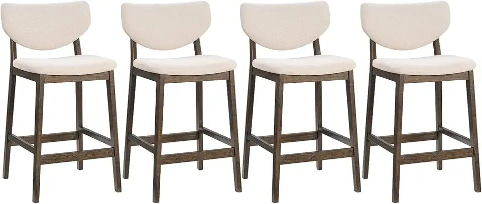 PrimeZone Counter Height Barstools Set of 4-26 Inch Upholstered Kitchen Bar Stools with Back & Rubber Wood Legs, Mid-Century Modern Island Chair for Kitchen, Dining Room, Walnut & Beige