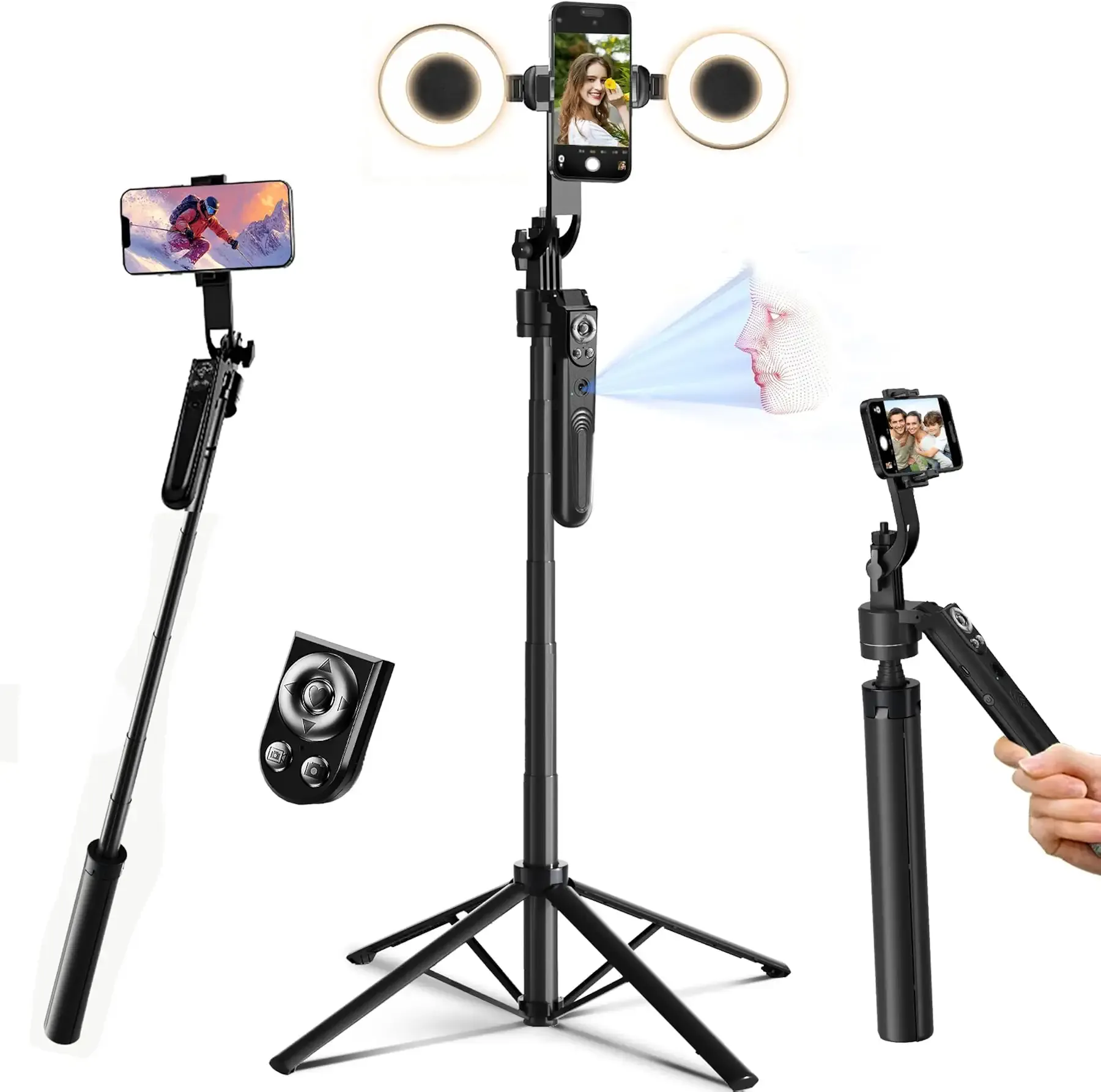 Auto Face Tracking Tripod for iPhone with Light 70.9” Selfie Stick Tripod Stand Follows Your Movement 360°Phone Camera Tripod with Wireless Remote for Content Creator Vlog Live Stream Video Recording