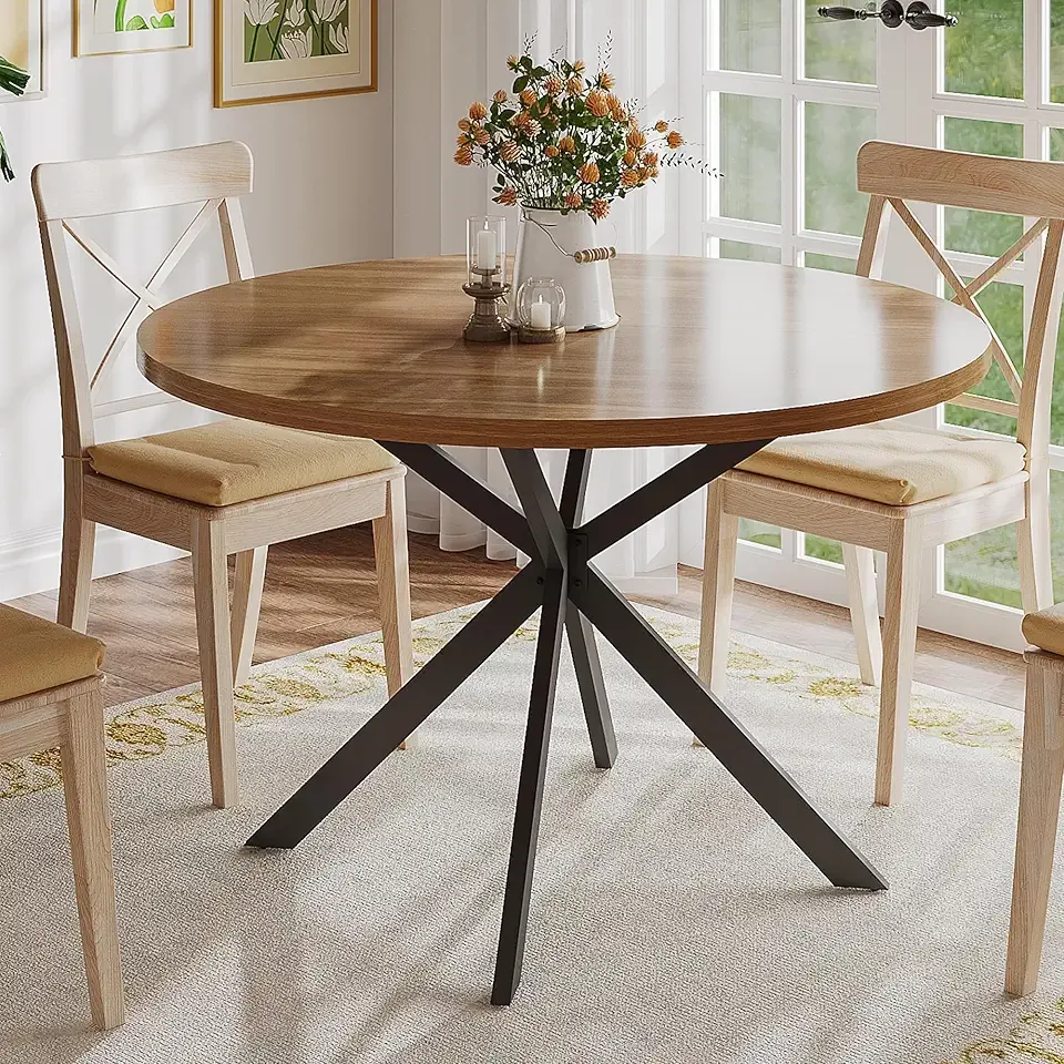 ChooChoo 47.2 Inch Round Dining Table for 4, Farmhouse Wood Kitchen Table, Round Dinner Table for Kitchen & Dining Room, Walnut