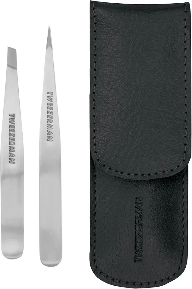 Tweezerman Petite Tweeze Set with Travel Case - Point and Slant Tweezers, Tweezers for Travel (Black Case)