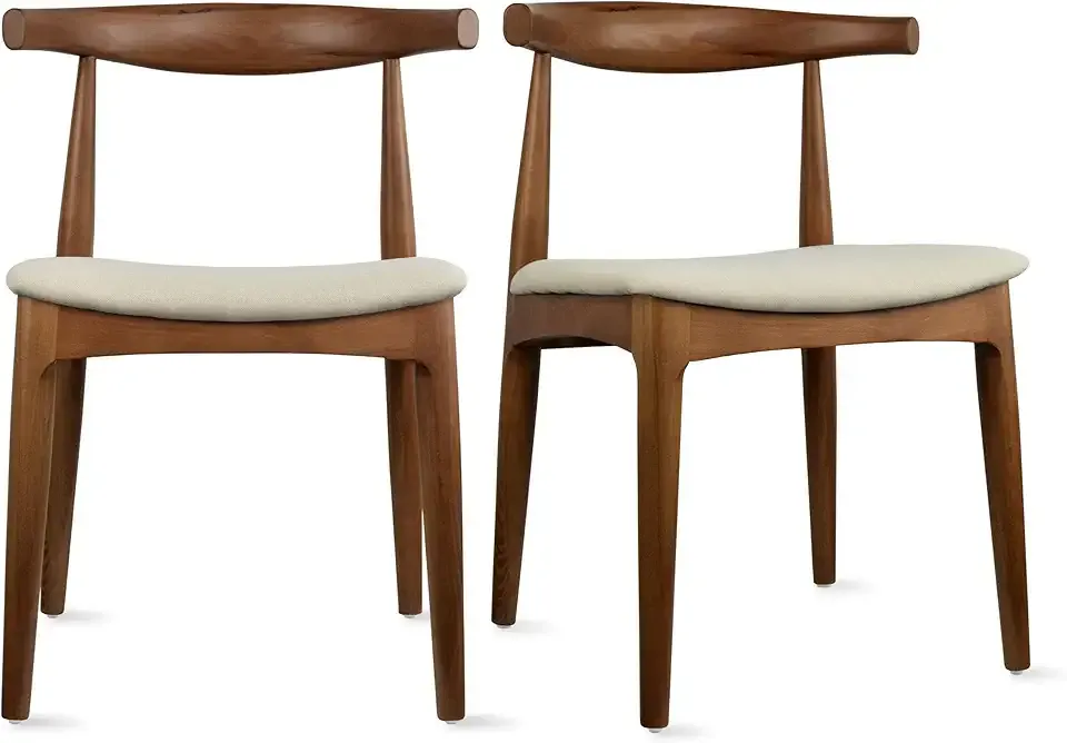 2xhome Set of 2 Solid Wooden Dining Chairs | Upholstered Beige Cloth Linen Cushioned Seat | Modern Farmhouse Elbow Side Chair | Home, Kitchen, Office, Meetings (Espresso)