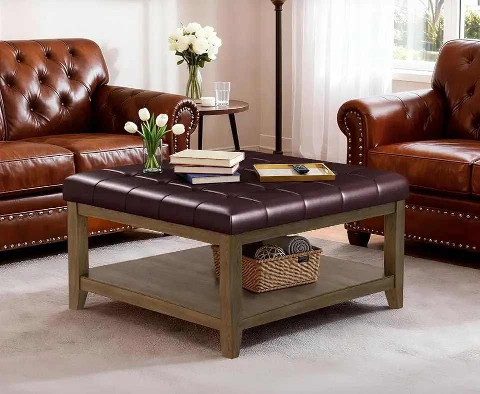 31.5” Large Square Storage Ottoman, Upholstery Solid Rubberwood Coffee Couch Table with Open Shelf, Foot Stool Load up to 330lb, Sythetic Leather Brown UASND67R