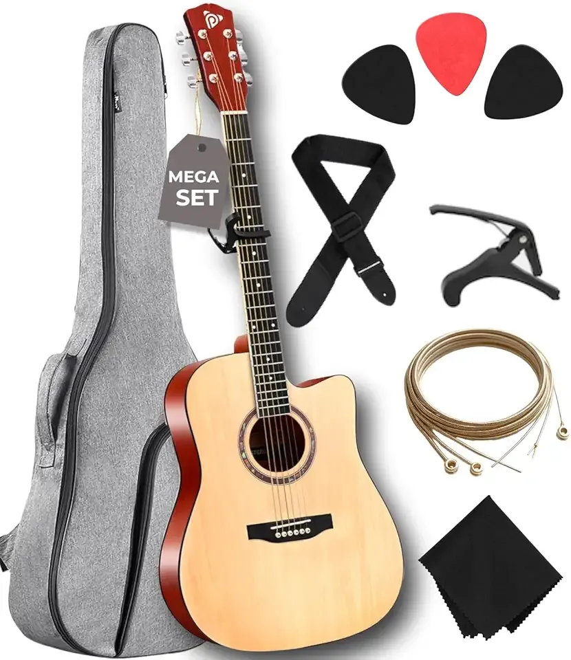 Pyle Beginner Acoustic Guitar Kit, 4/4 Full Size All Wood Instrument for Kids, Adults, 41" Natural, Premium Kit