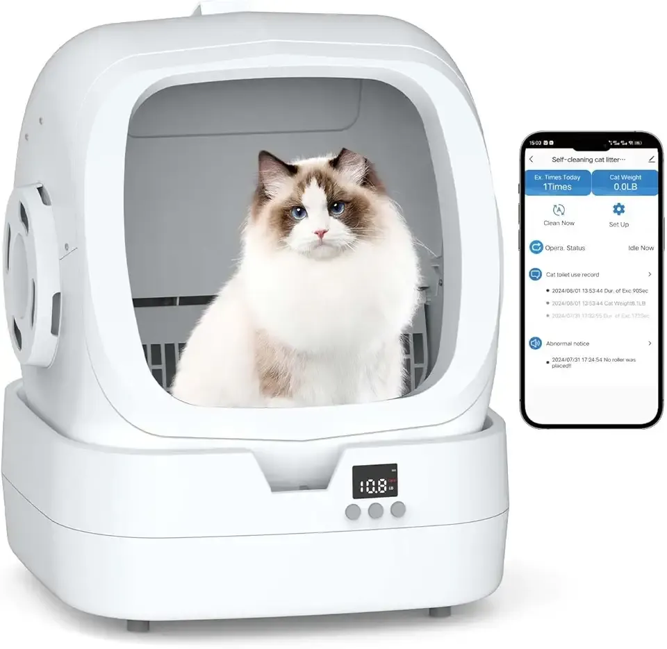 Automatic Cat Litter Box Self Cleaning - APP Control and Weight Monitoring - Ultra-Quiet, Suitable for Medium Cats and Kittens, Safe Anti-Pinch Litter Box (Assembly Required) -White