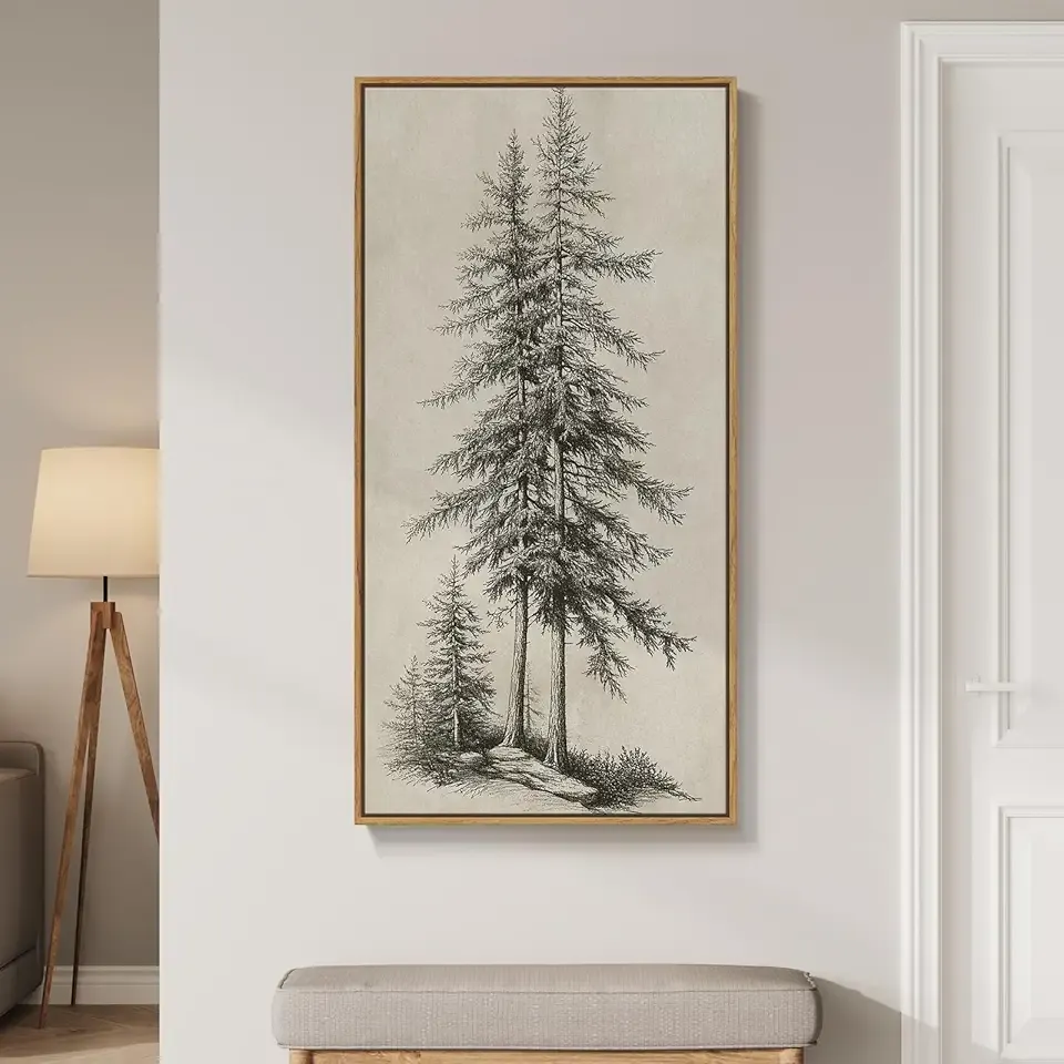 Framed Vertical Vintage Sketch Tree Living Room Wall Art, Large Black Beige Rustic Pine Artwork for Walls, Classic Antique Nature Forest Canvas Painting Print for Office Kitchen Foyer Stair 20x40 Inch
