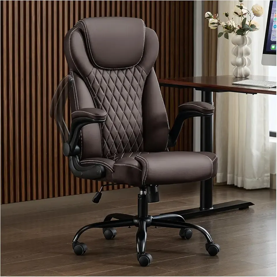 Office Chair, Executive PU Leather Chair, Ergonomic Computer Desk Chair with Lumbar Support and Adjustable Flip-Up Arms, Rocking Task Chair (Brow