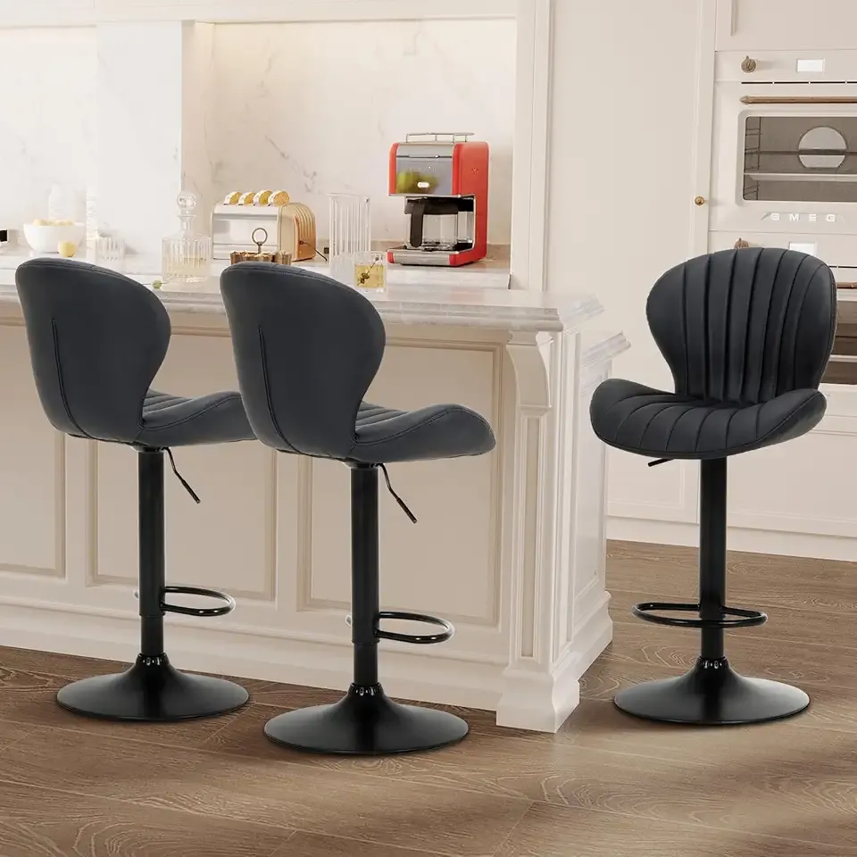 COLAMY Bar Stools Set of 3, Adjustable Modern Swivel Bar Chairs, Faux Leather Upholstered Barstools Counter Height with High Backrest for Bar, Kitchen Island, Dining Room, Black