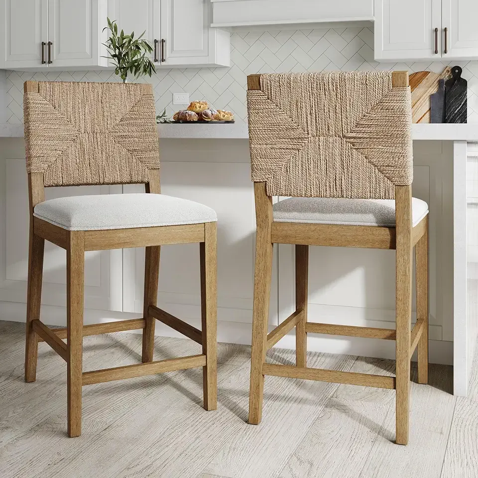 Nathan James Beacon Bohemian Boucle Bar Stool, Upholstered Counter Height Chair with Solid Wood Frame and Woven Seagrass Back for Kitchen Island, Light Brown/Seagrass/Cream Boucle, Set of 2