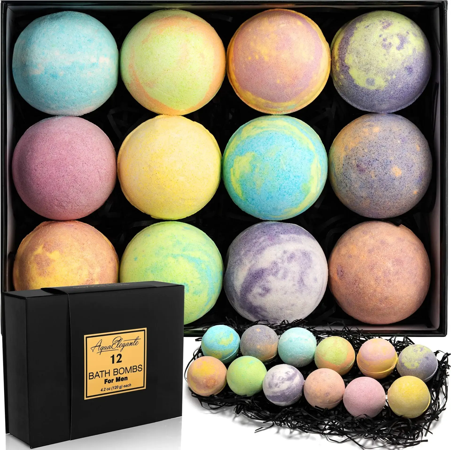 Luxury Bath Bombs for Men - Gift Set of 12 Large Bathbombs with Organic Essential Oils - Natural Vegan Soap for Moisturizing Fizzy Bubbles, Sandalwood