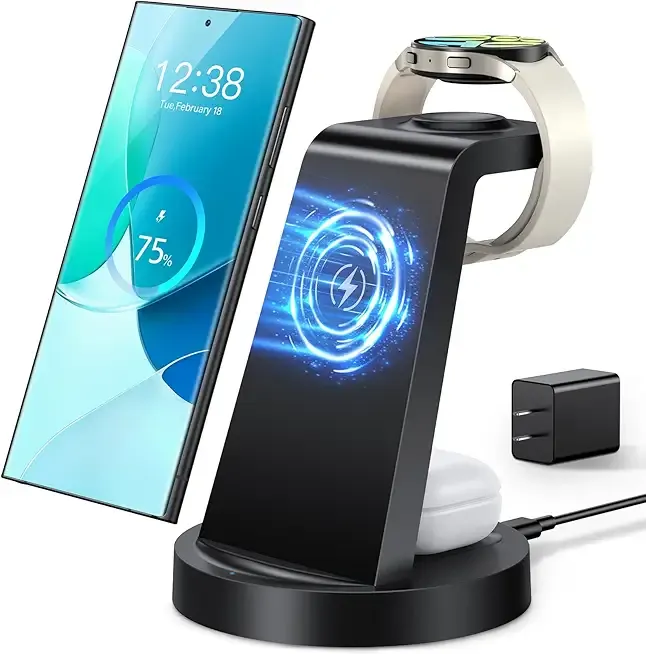 Wireless Charger for Samsung: 3 in 1 Wireless Charging Station for Samsung Galaxy Watch 8 7 6 5 4 3 Pro Classic Galaxy Buds - Charger Dock Stand for S25 S24 Ultra S23 S22 S21 Note Z Fold Android