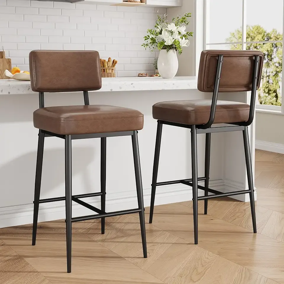 IDEALHOUSE Counter Height Bar Stools Set of 2, 26'' Faux Leather Bar Stools with Backrest, Modern Bar Chairs for Kitchen Island, Dining Room, Brown