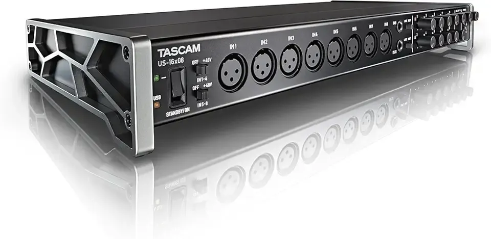 Tascam US-16x08 Rackmount USB Audio/MIDI Interface for Recording, Drum Recording, 8 XLR/8 1/4" Inputs, 8 Outputs, Control Software,Black