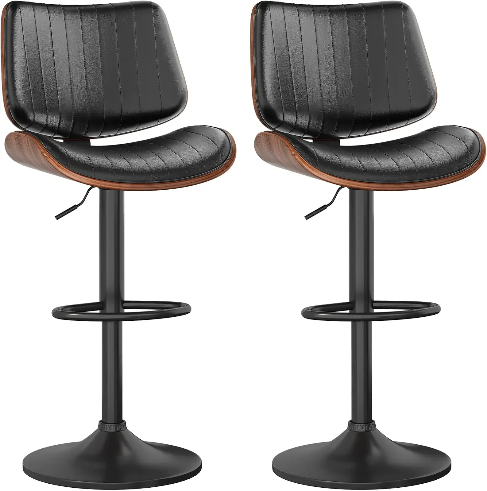 Bar Stools Set of 2, Bar Stools for Kitchen Island with Bentwood Back and Leather Seat, Swivel Barstools for Kitchen Counter, Bar, Black