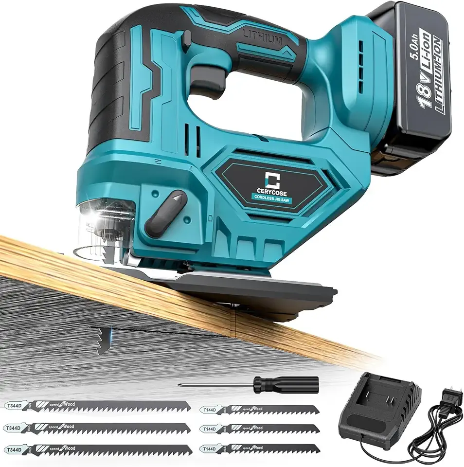 Jigsaw Compatible With Makita 18V Battery, Cordless jig saw tool, 0°- 45° Bevel Cuts, LED Light with 3 Position Orbital Setting for Cutting (With 5Ah Battery & Charger Station Kit)