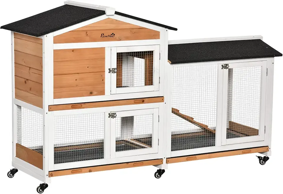 PawHut 62" Rabbit Hutch, Wooden Bunny Hutch, Guinea Pig Cage, Small Animal Enclosure with Wheels, Run Area, Removable Tray, Asphalt Roof, Lockable Doors and Ramp, for Rabbits, Chickens, Ducks, Nature
