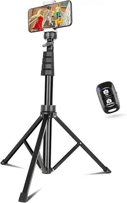 67" Phone-Tripod, Extendable Cell Phone Tripod Stand & Selfie Stick with Wireless Remote and Phone Holder, Compatible with iPhone Android Phone, Camera