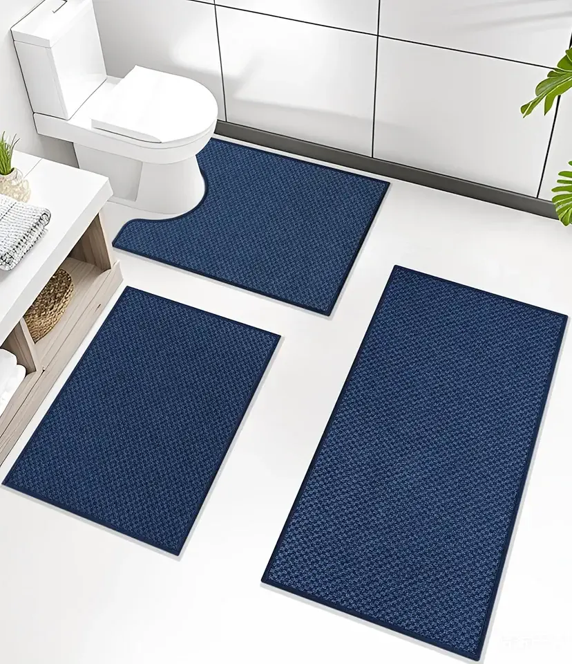 YIHOUSE Bathroom Rugs, Ultra Thin Bath Mat, Set of 5, Non-Slip, Quick Dry Absorbent, Machine Washable Bath Mat Set for Bathroom Floor, Dark Blue