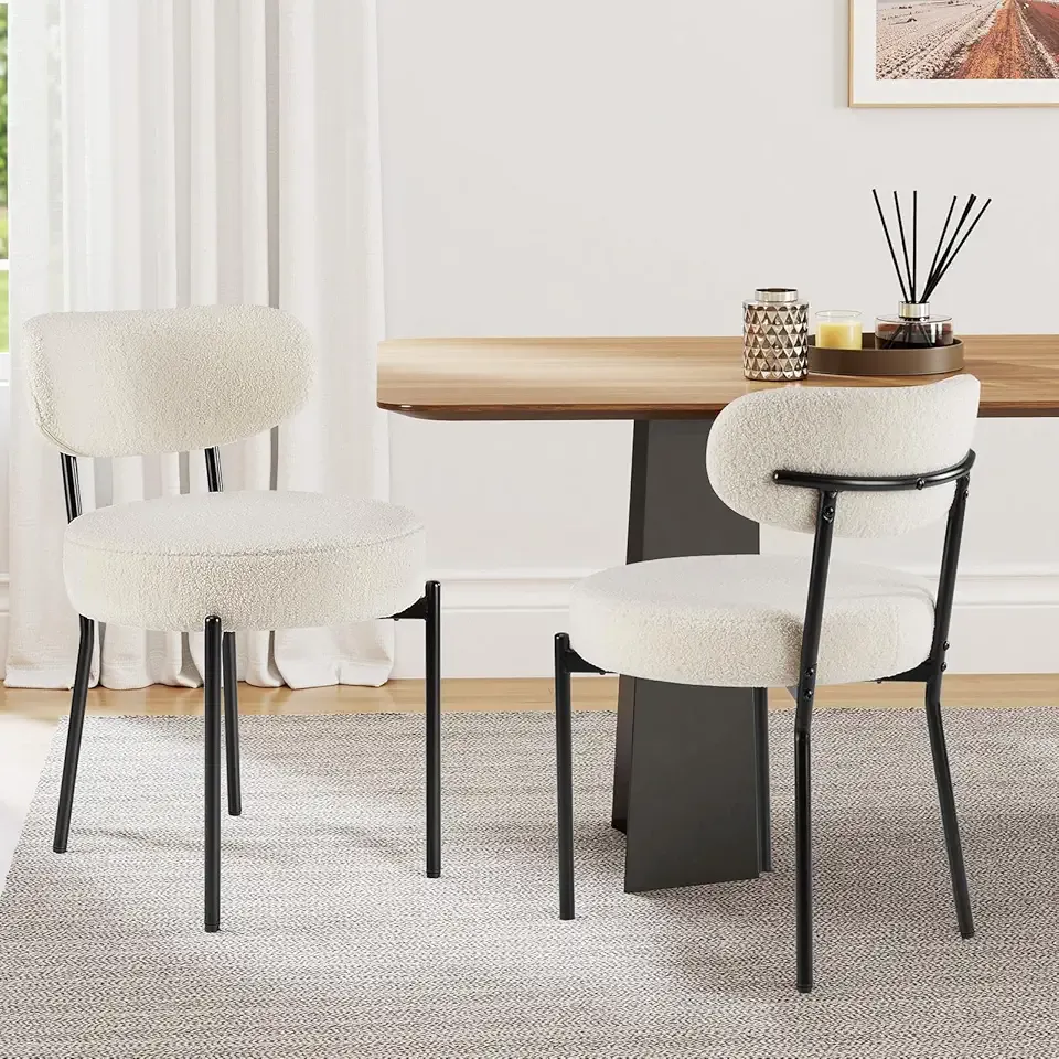Sweetcrispy Dining Chairs Set of 2, Boucle Upholstered Modern Mid Century Round Kitchen Chairs with Curved Backrest & Metal Legs for Vanity, Living Room - Beige