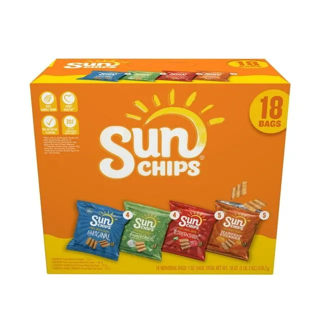 SunChips 100% Whole Grain Snacks, 4 Flavor Variety Pack, 1 oz, 18 Count