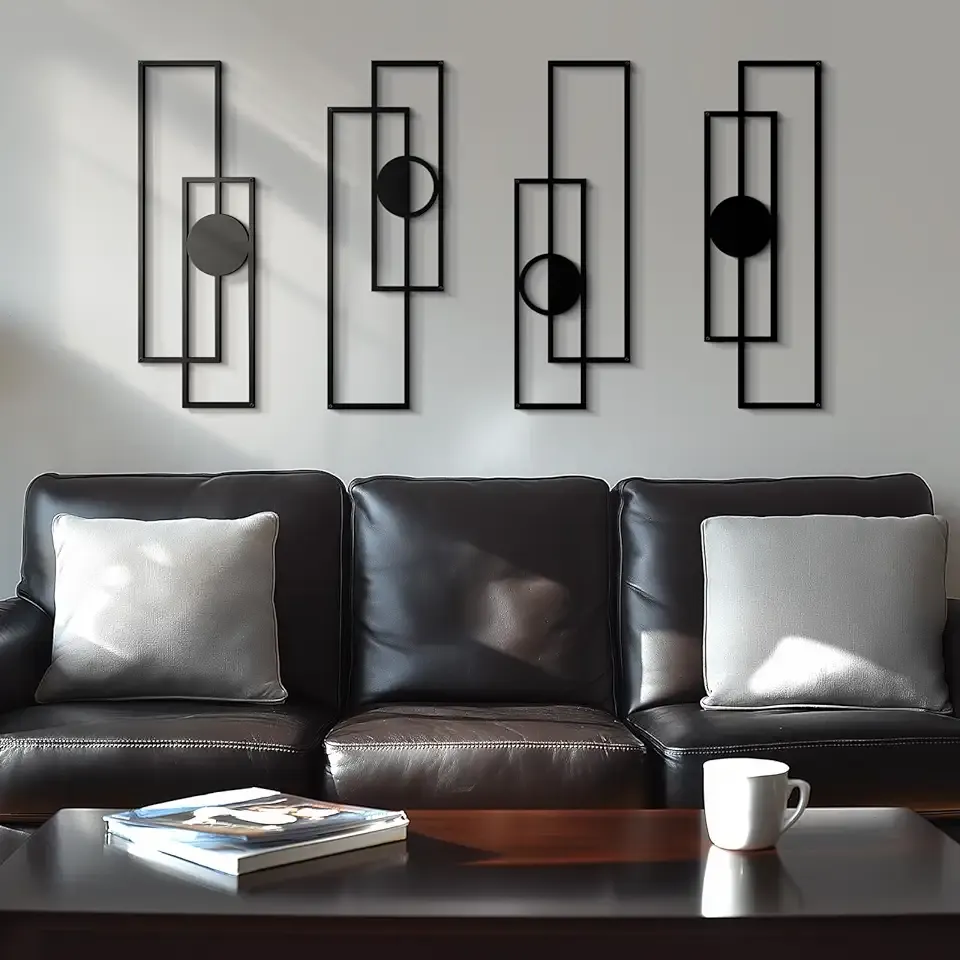 Abstract Black Metal Wall Art for Living Room, 4 Pack Large Wall Sculptures Minimalist Modern 3D Textured Geometric Metal Wall Decor for Bedroom Bathroom Kitchen Study