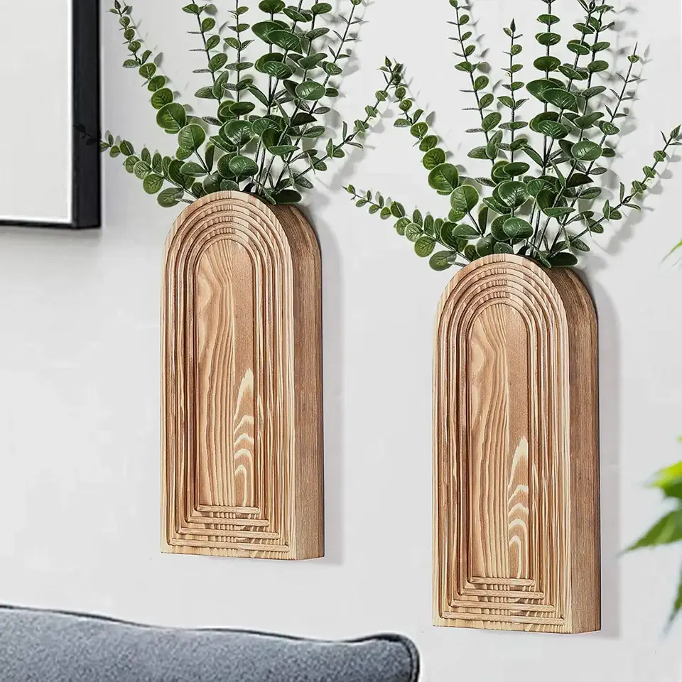 2 Pack Wooden Wall Vase Set - Brown Finish Modern Farmhouse & Boho Wall Decor for Entryway, Hallway, Bathroom, Living Room, Dining Room, Narrow Spaces