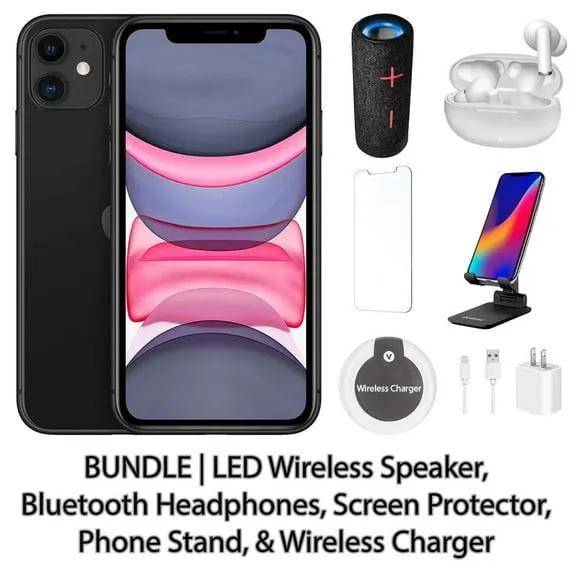 Restored Apple iPhone 11 128GB Black Fully Unlocked Bundle: LED Wireless Speaker, Bluetooth Headphones, Screen Protector, Wireless Charger, & Phone Stand (Refurbished)