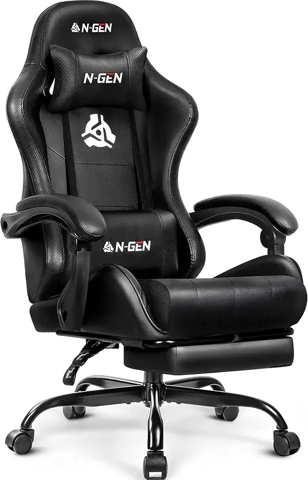 N-GEN GAMING Video Gaming Chair with Footrest Lumbar Support for Home Office High Back Recliner Height Adjustable Ergonomic Comfy Leather Computer Desk Chair (Black)