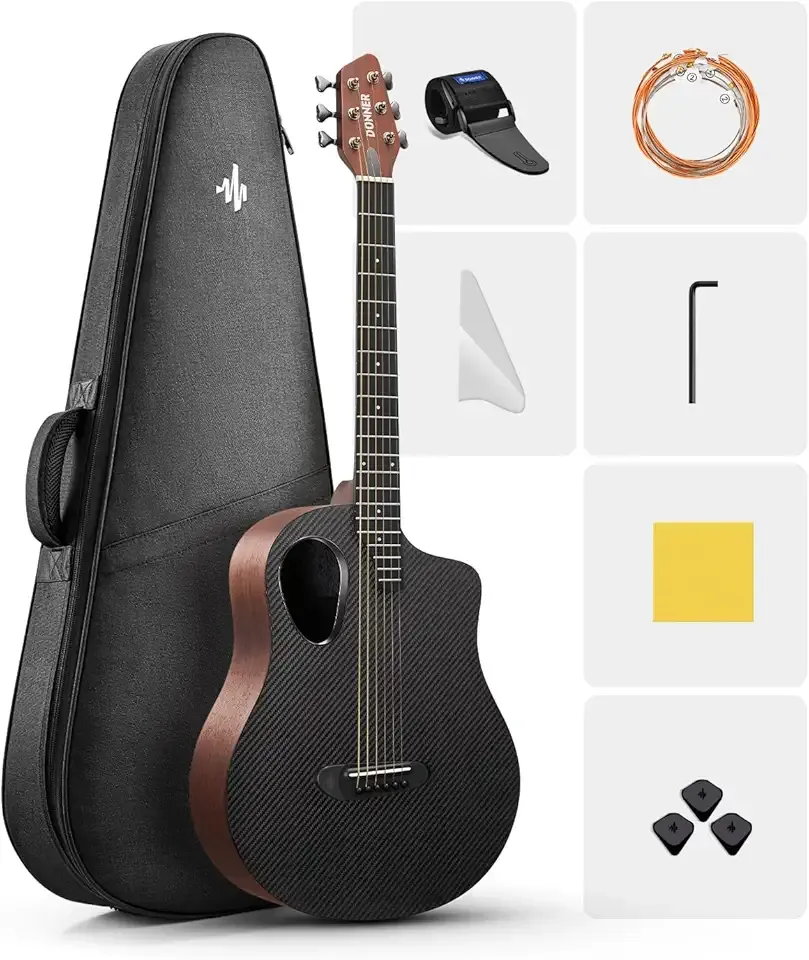 Donner 38" Carbon X Wood Acoustic Guitar Beginner & Intermediate Learner Kits - Carbon Fiber Top, Wooden Body, Durable Solid Guitar with Case, Strap, Steel-String, RISING-G1 (Satin, Brown)