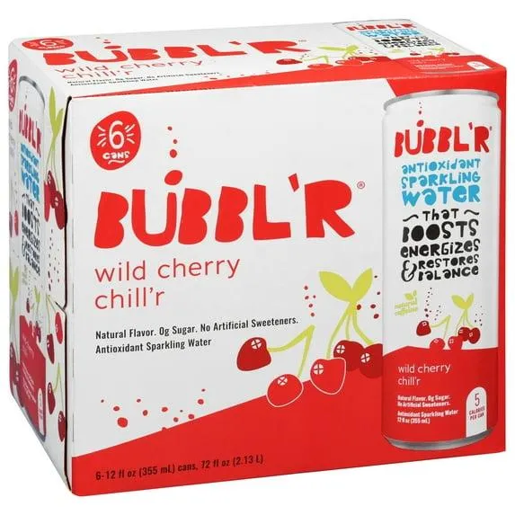 BUBBL'R Antioxidant Sparkling Water, Wild Cherry Chill'r, 12 fl oz, 6 Pack Cans