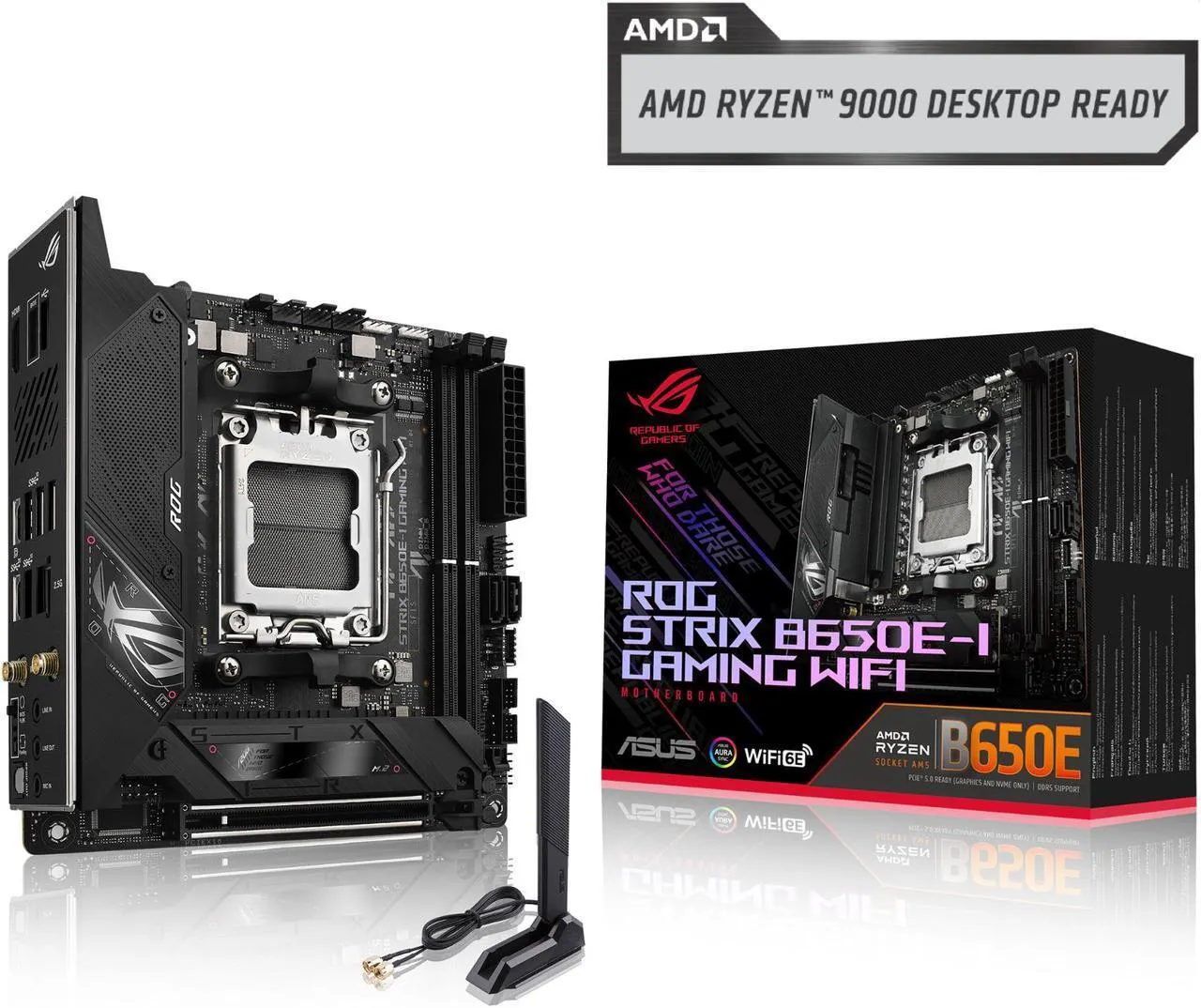 ASUS ROG Strix B650E-I Gaming WiFi AMD B650 AM5 Ryzen™ Desktop 9000 8000 & 7000 mini-ITX mITX motherboard, 10+2 power stages, DDR5, 2x M.2 slot, PCIe® 5.0, 2.5G LAN, WiFi 6E, USB 3.2 Gen 2x2 Type-C