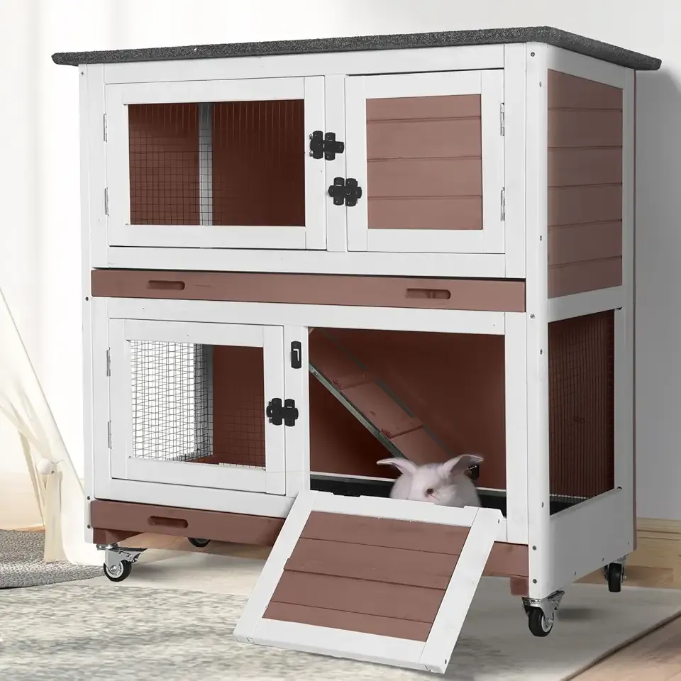 2-Tier Wooden Rabbit Hutch Indoor Bunny House Guinea Pig Cage with Sliding Plastic Trays Wheels for Easy Cleaning Ventilation Design and Mobility, 36 Inch Small Animal Home (Brown, M)