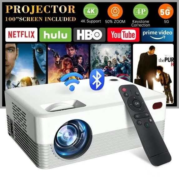 5G WiFi Projector with Bluetooth, 2024 Upgrade Native 1080P Projector for Outdoor & Camping, Wireless Mini Movie Projector Support 4k Resolution, for Home & Camping & Party