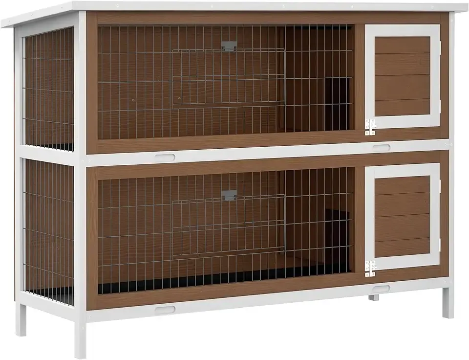 PawHut 54" 2-Story Large Rabbit Hutch Bunny Cage Wooden Pet House Small Animal Habitat with Lockable Doors, No Leak Tray and Waterproof Roof for Rabbits, Chickens, Ducks, Outdoor/Indoor Brown
