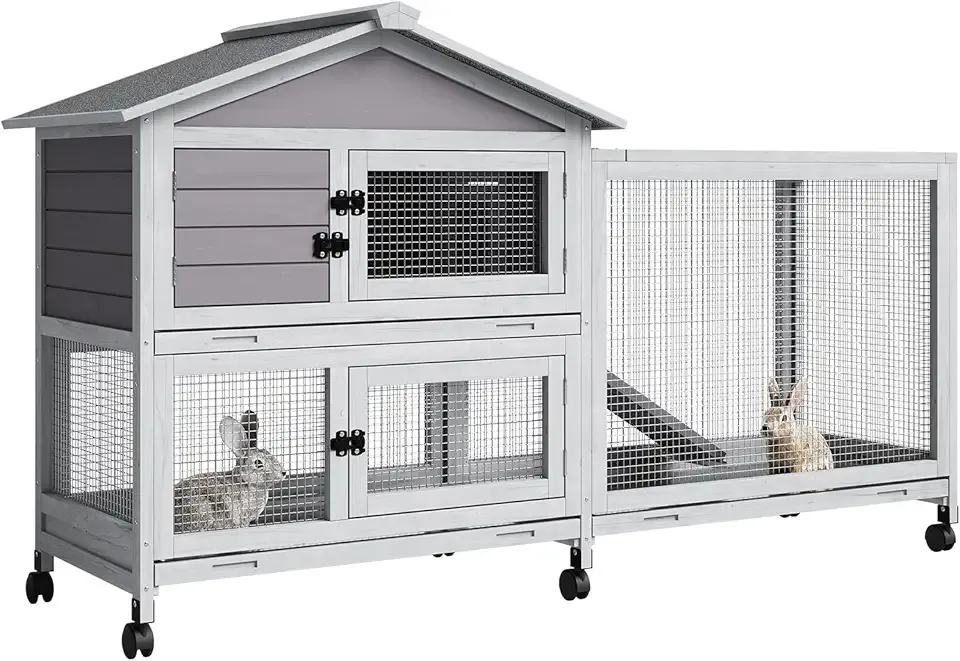 63" 2-Story Wooden Rabbit Hutch Indoor, Large Bunny Cage Outdoor with 6 Lockable Wheels, Pull-Out Tray & Weatherproof Roof, Small Animal Cage for Rabbit Guinea Pig Chicken Duck, Grey