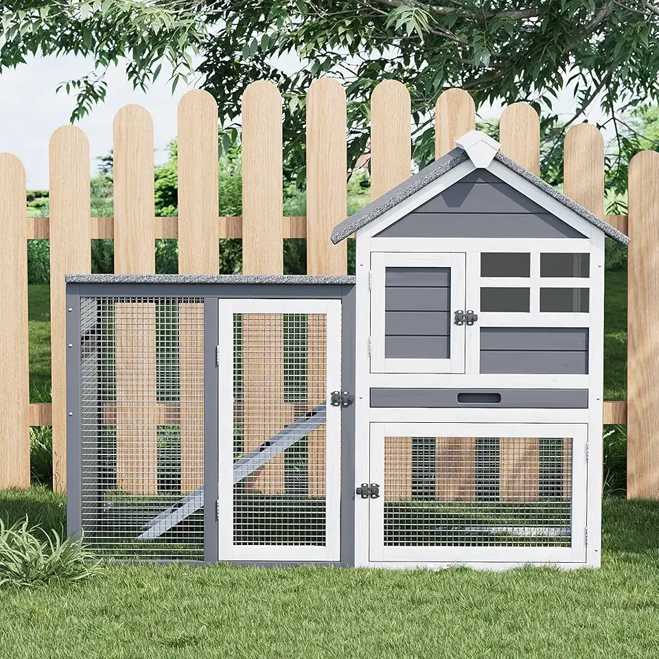 2-Story Rabbit Hutch, Small Wooden Chicken Coop, with Waterproof Roof, Pull Out Tray and Anti-Slip Ramp, Bunny Cage for Indoor Outdoor (45.28" L x 20.08" W x 36.61" H)