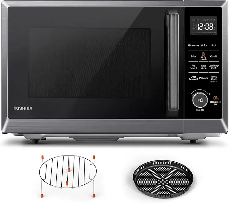 TOSHIBA Air Fryer Combo 8-in-1 Countertop Microwave Oven, with Convection, Broil, Odor Removal Mode, 12.4" Position Memory Turntable, Child-Lock, 1.0 Cu.ft, Black Stainless Steel, ML2-EC10SA(BS)
