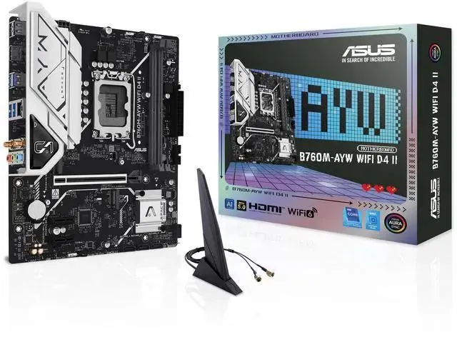 ASUS B760M-AYW WIFI D4 II Intel B760 (LGA 1700) microATX mATX motherboard, PCIe 5.0 x16 Support, two M.2 slots, DDR4, Realtek 2.5Gb Ethernet, Wi-Fi 6, HDMI, SATA 6 Gbps, front USB 5Gbps, Aura Sync