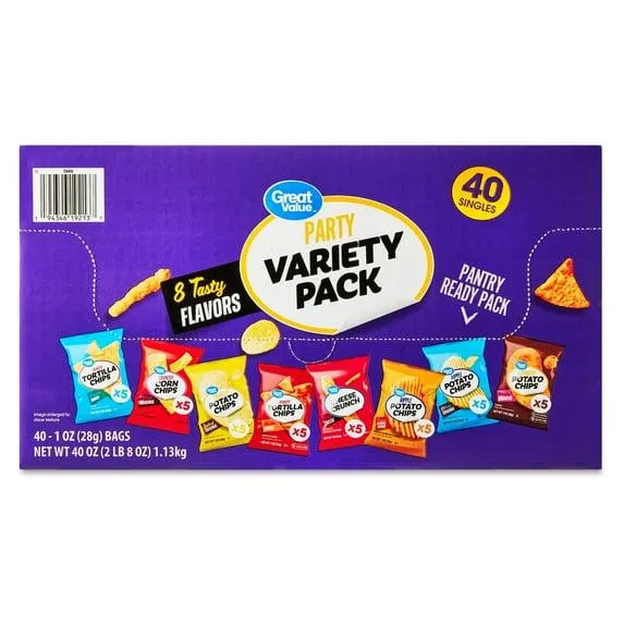Great Value Party Snack Chips Variety pack, 40 Count, 1 oz