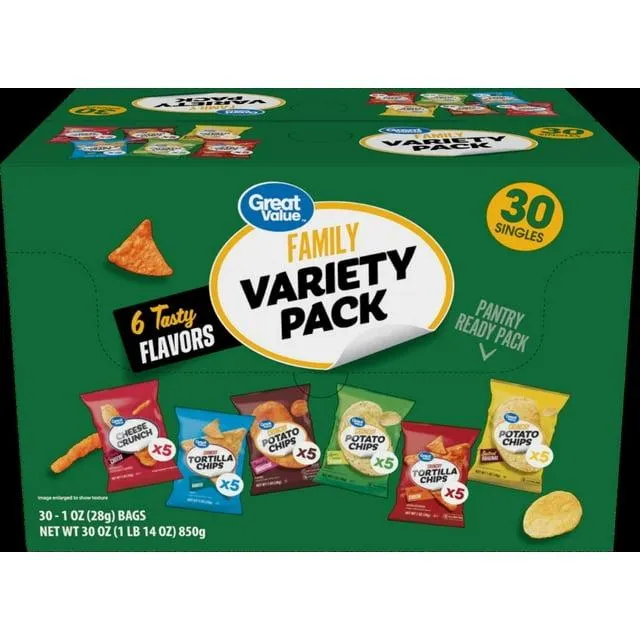 Great Value Family Variety Chips Pack, 30 Count, 1 oz