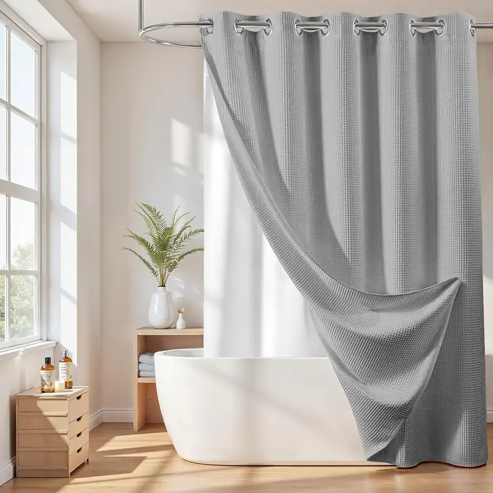 River Dream Grey Cotton Blend Shower Curtain with Snap in Liner, No Hook Heavy Duty Shower Curtains for Bathroom, Hotel Grade, Water Repellent, 71" Wx74 L