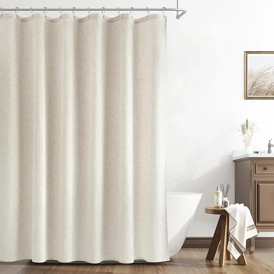 Naturoom Natural Linen Shower Curtain, Country Boho Farmhouse Bath Decor Beige Shower Curtains for Bathroom Neutral Cloth Weighted Textured Fabric Bath Curtain Liner with Hooks, Cream, 72 Inch