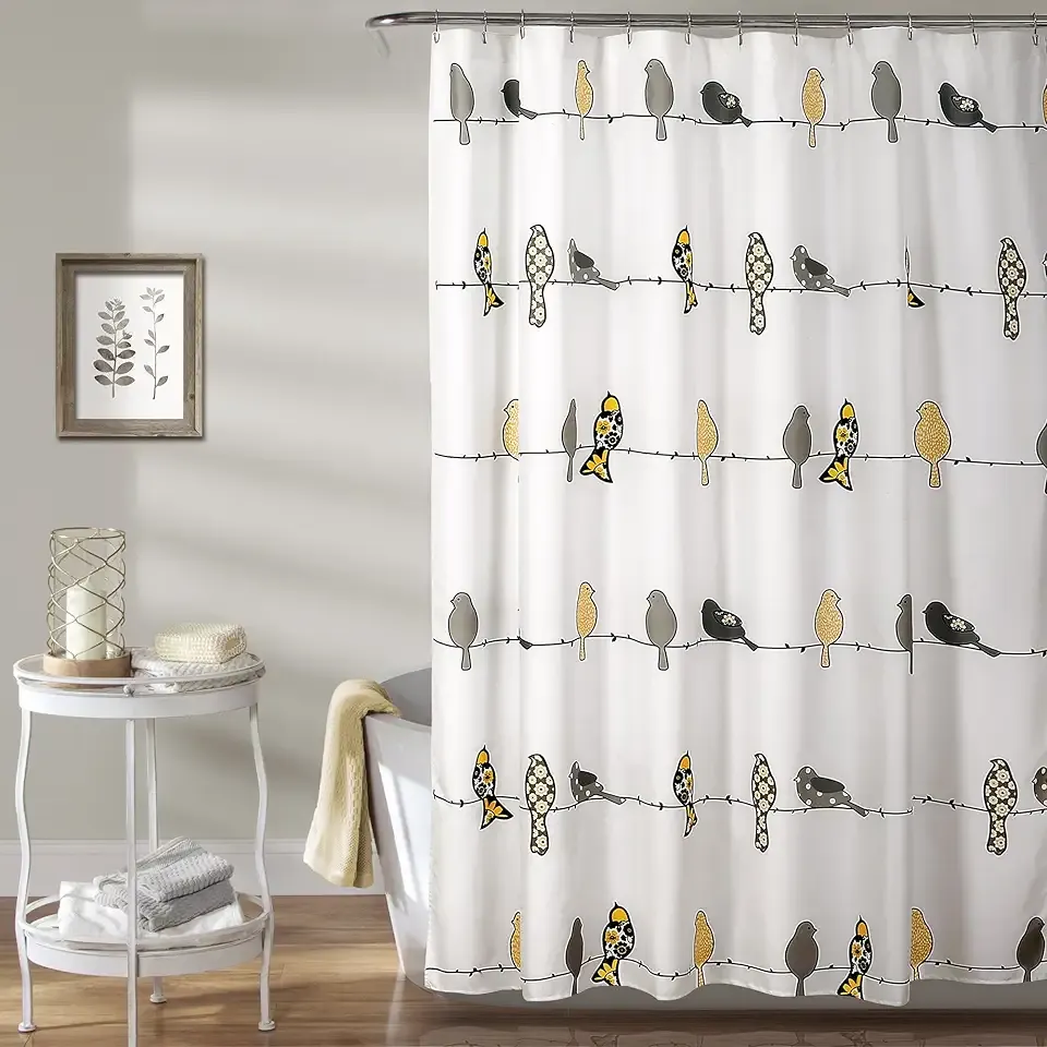 Lush Decor Rowley Birds Shower Curtain, 72” W x 72” L, Yellow & Gray - Colorful Floral Bird Pattern - Whimsical & Playful Bird Shower Curtain - Farmhouse, Coastal, & Boho Bathroom Decor